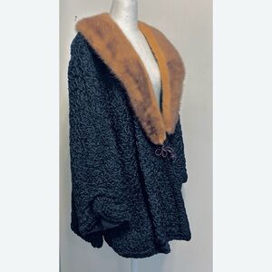 Vintage Black Lined Ribbon Design Jacket With Tan Mink Large Fur Collar- XL
